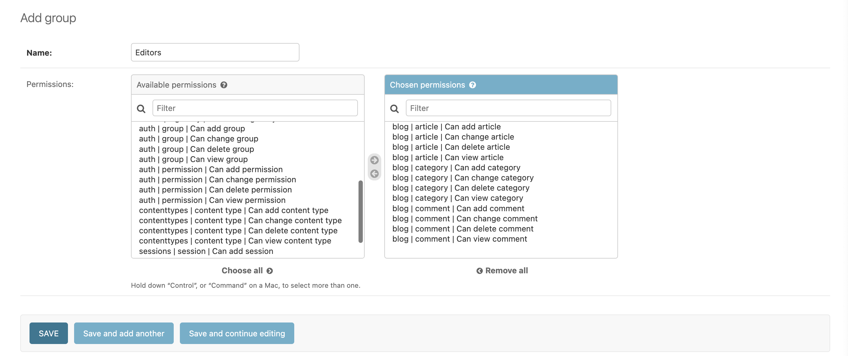 Create Editors group with assigned permissions