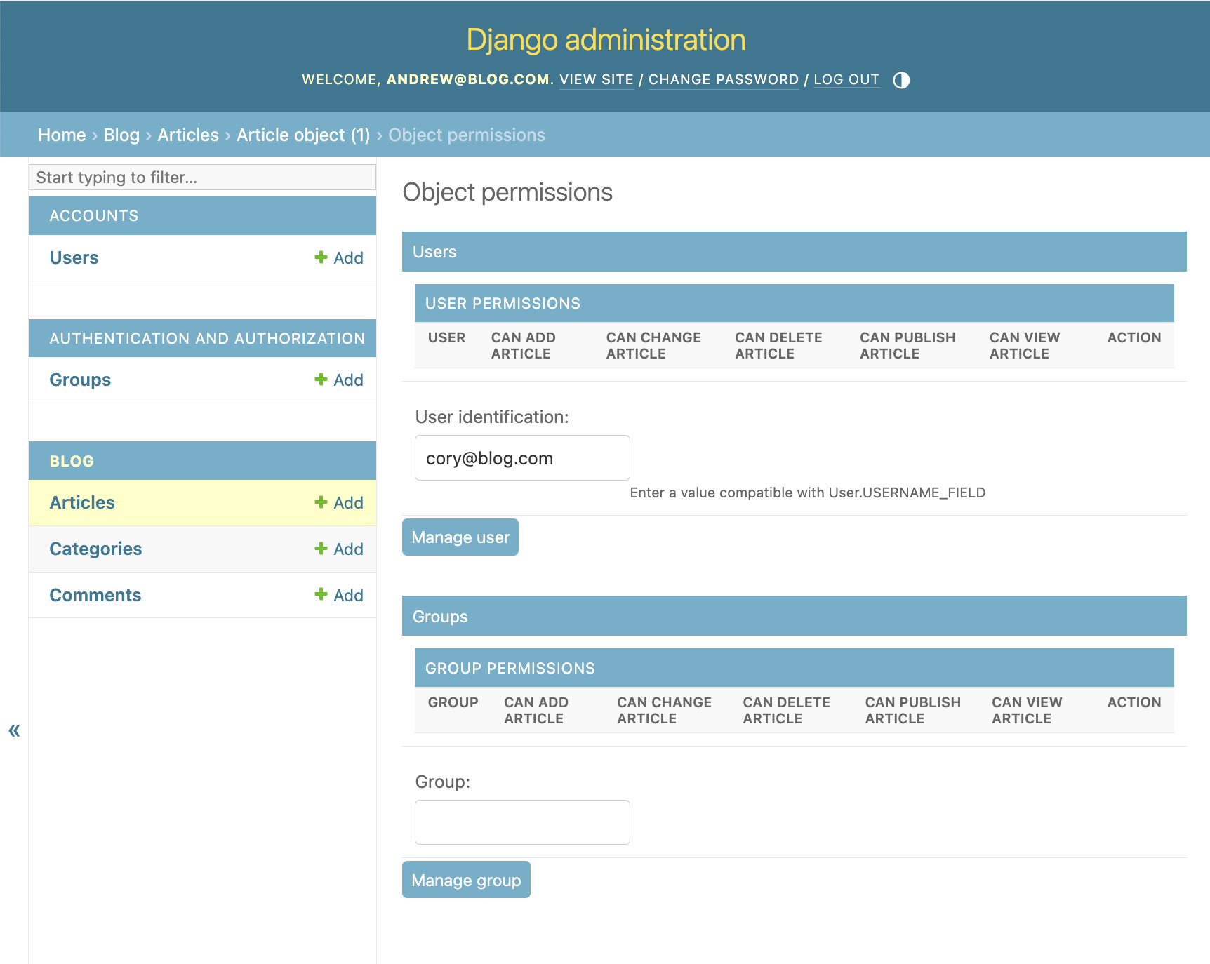 cory@blog.com permissions panel