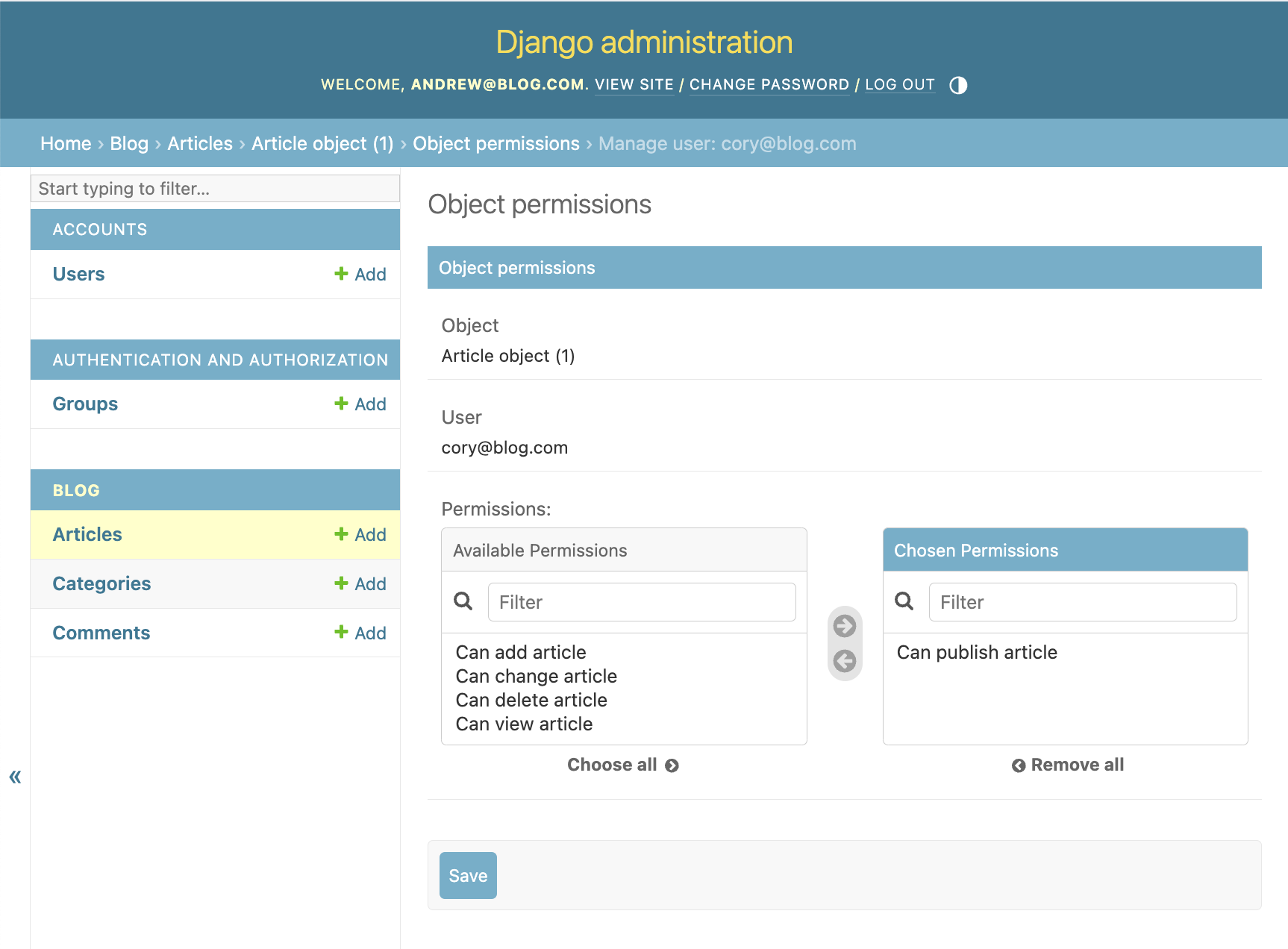 Grant publish permission to cory@blog.com
