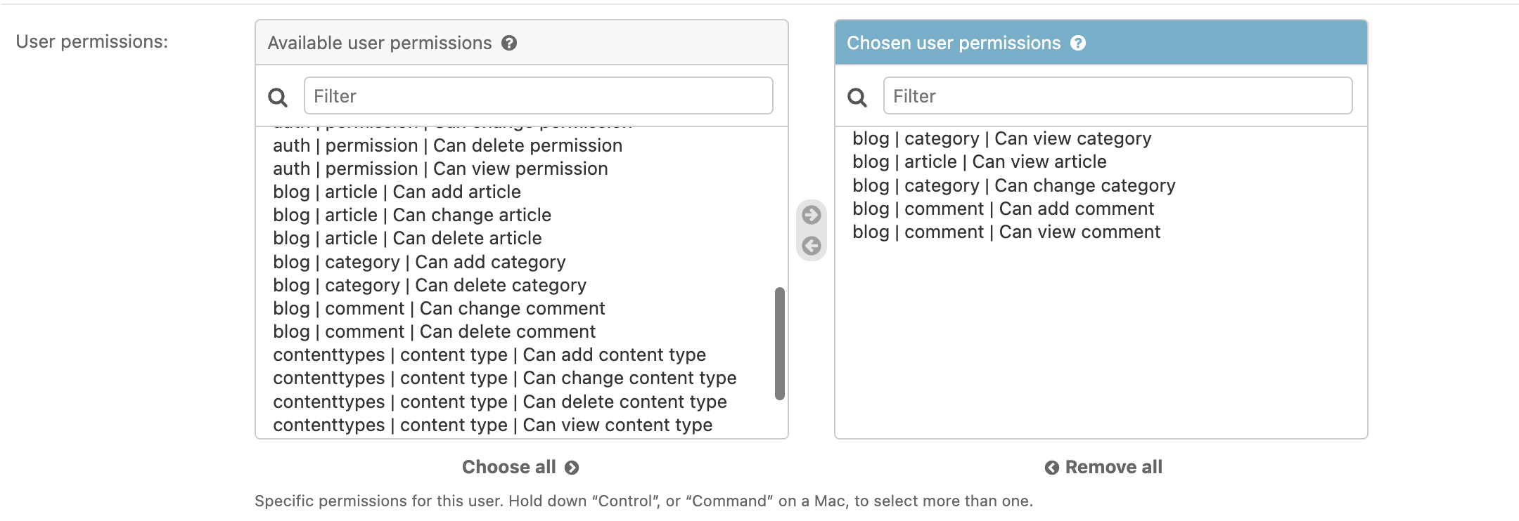 Add user specific permissions to user