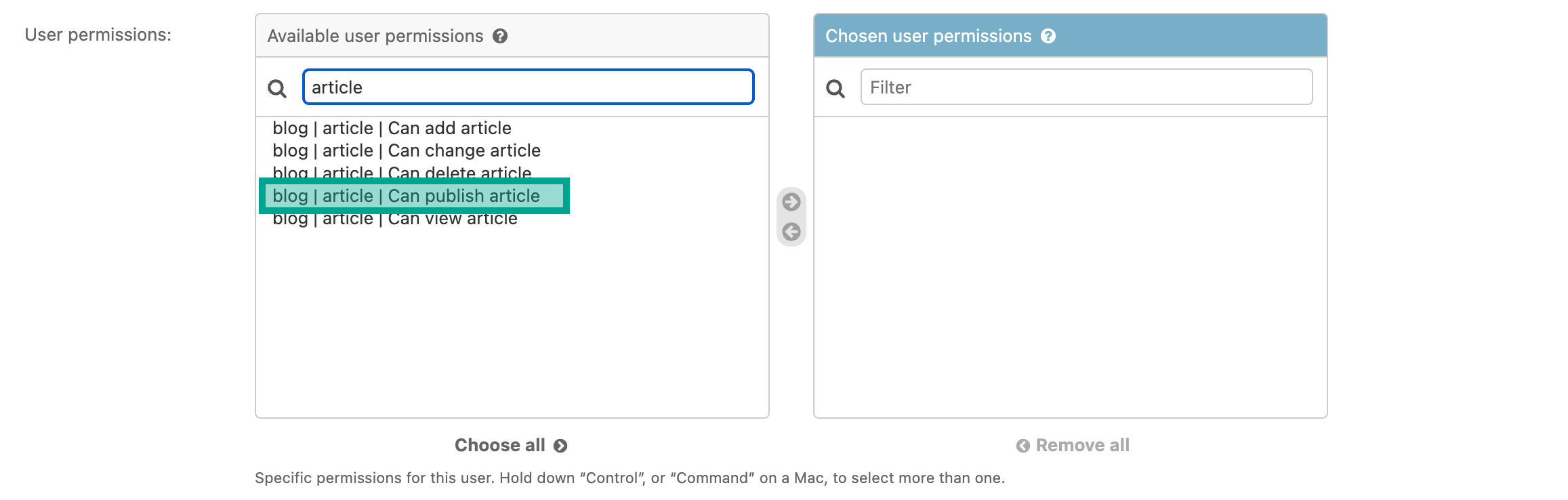 Viewing the new permission in admin